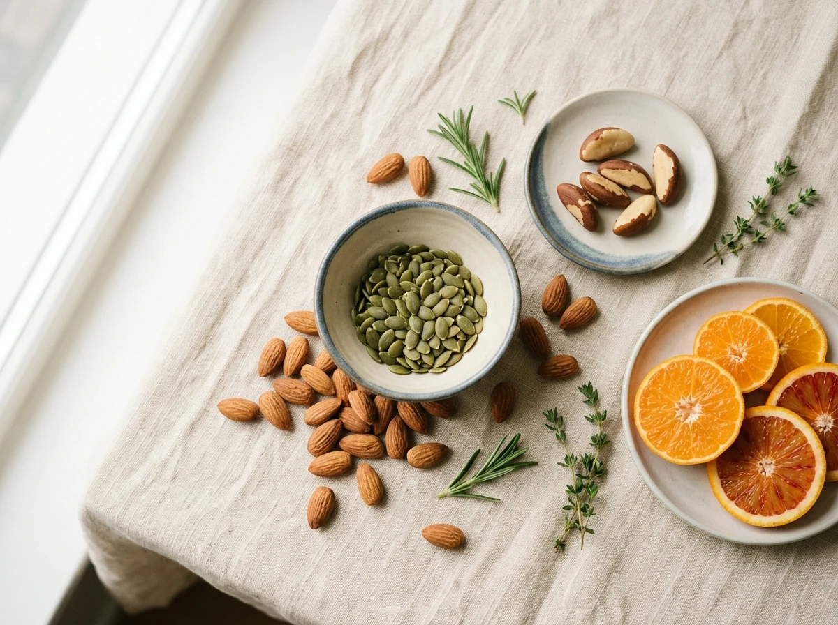 Naturliga ingredienser för daglig vitalitet - pumpafrön, mandlar, citrus, paranötter