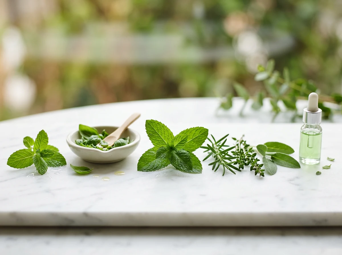 Botaniska extrakt och örter för daglig vitalitet - grön naturlig komposition