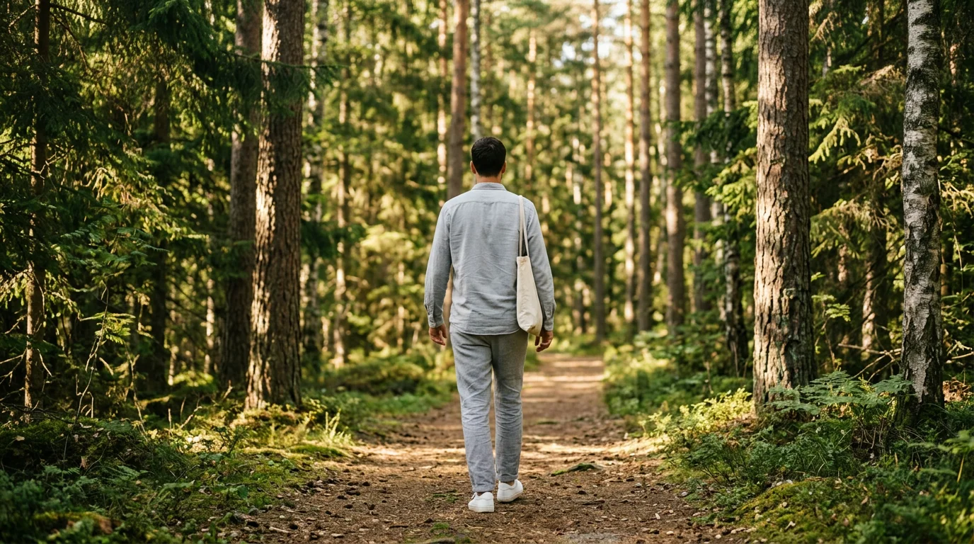 Man på promenad i skogen - daglig rörelse för mäns välbefinnande