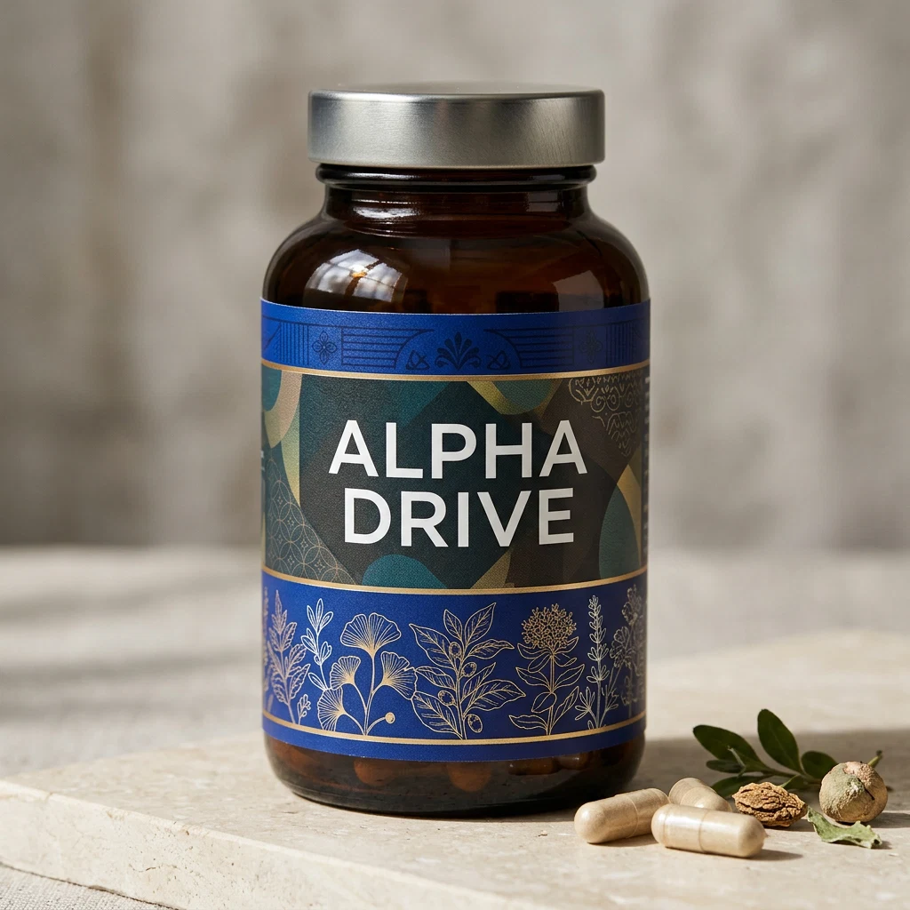 Alpha Drive kosttillskott burk - vit minimalistisk förpackning med blå hexagonmönster